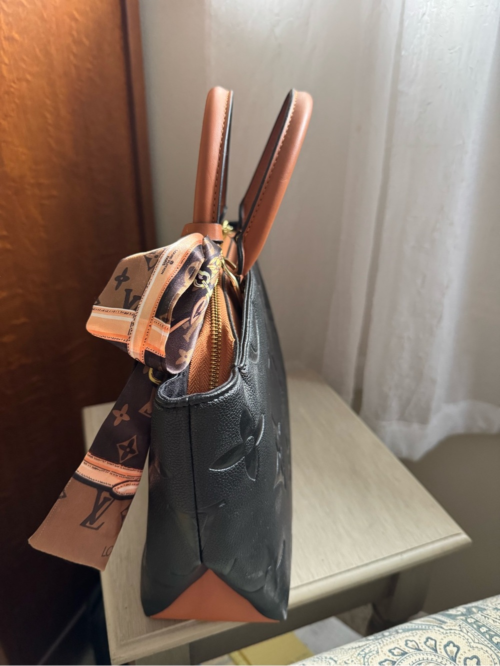 Black Embossed Leather Tote with Tan Trim - Picture 3 of 8